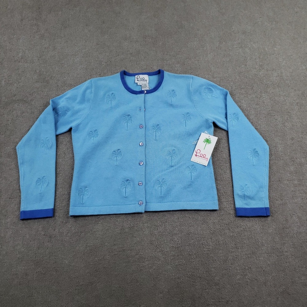 Vtg‎ Lilly Pulitzer Cardigan Sweater Womens Medium Blue Embroidered Palm Trees
